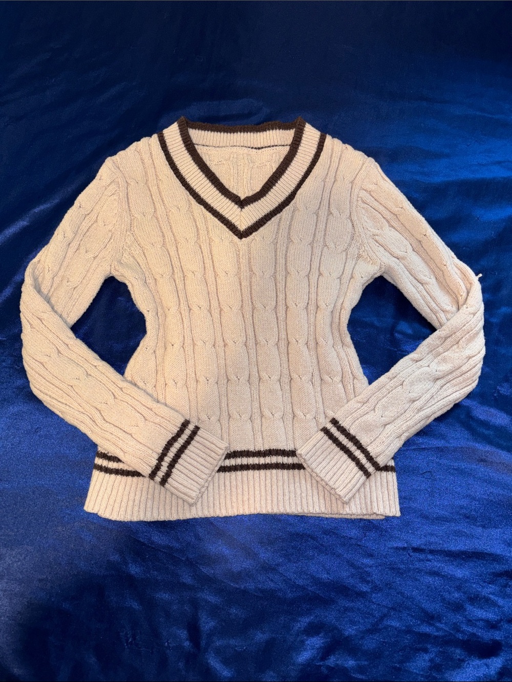 SHEIN Cream Cable-Knit V-Neck Sweater with Brown Trim